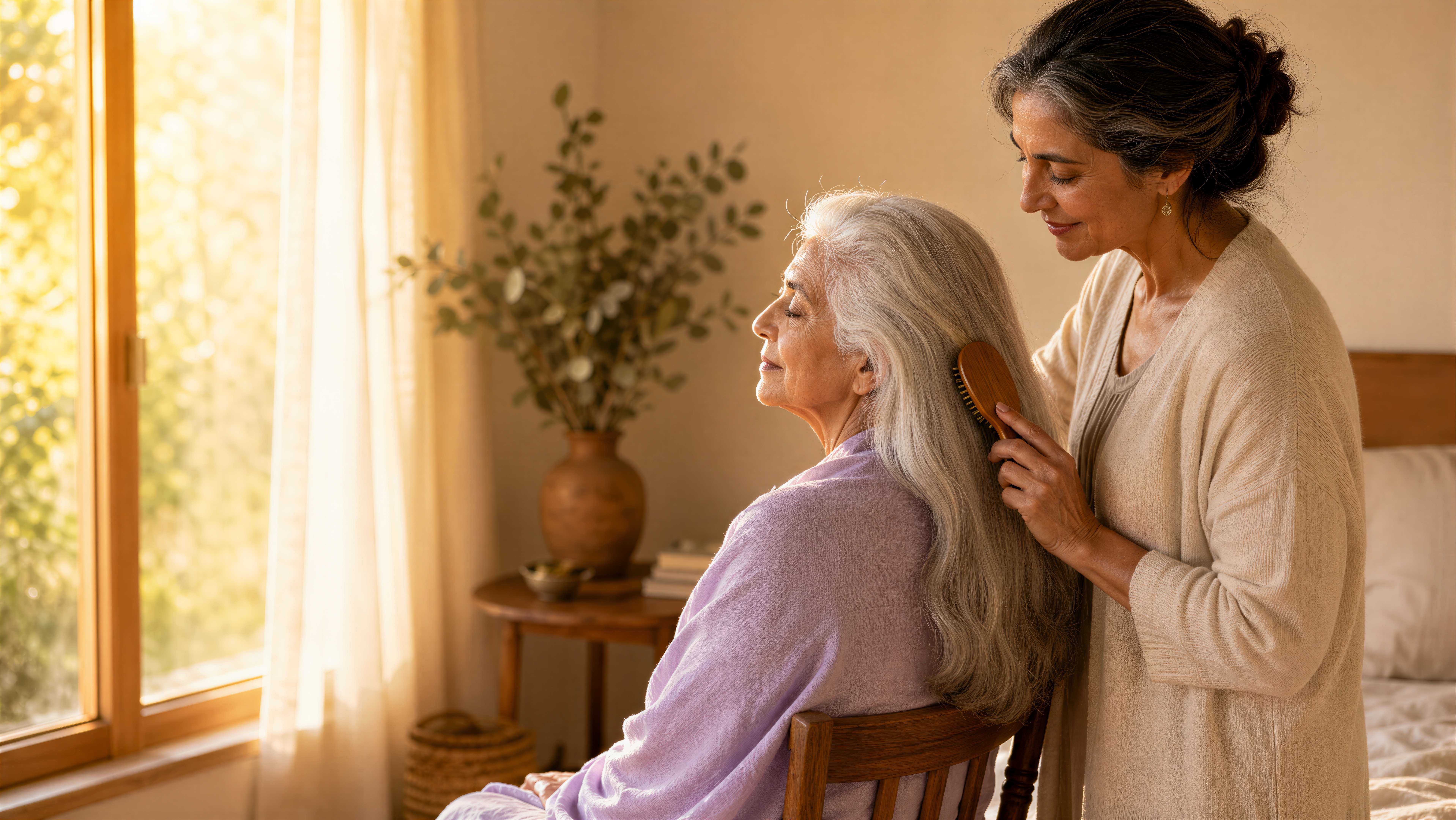 Adult woman brushing elderly mother's hair