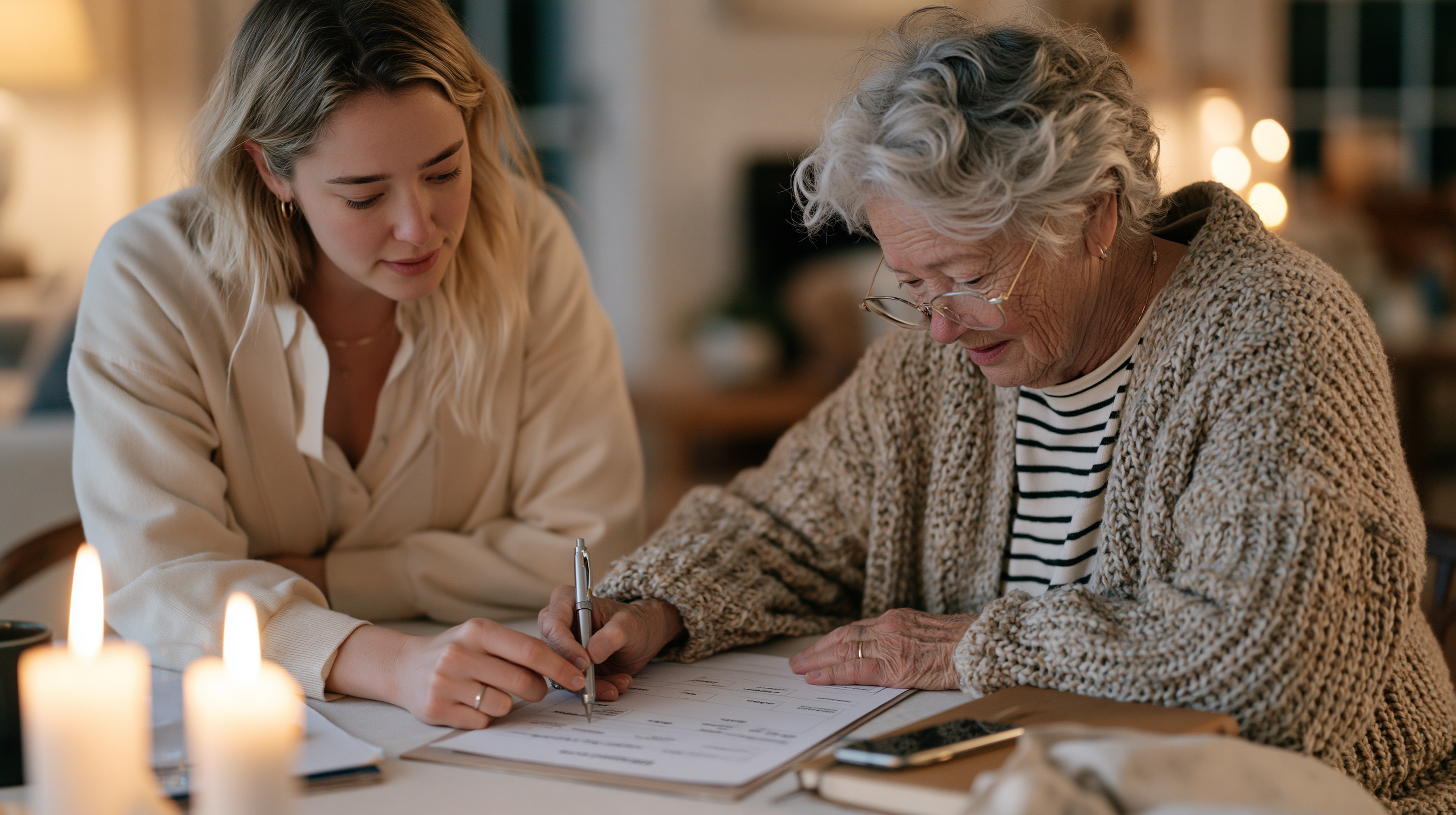 woman filling out paperwork with elderly mother