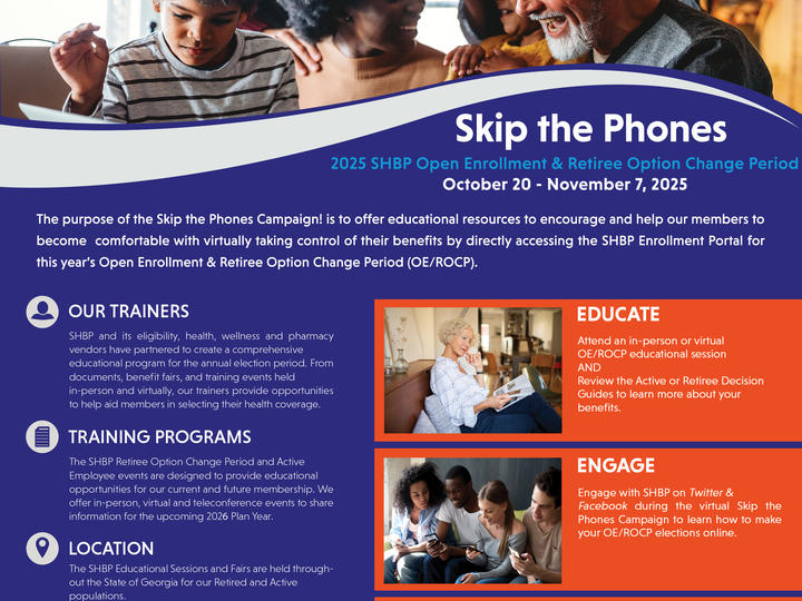 Skip the Phones Campaign Graphic. Description of campaign and where to access resources related to the 2025 Open Enrollment & Retiree Option Change Period.