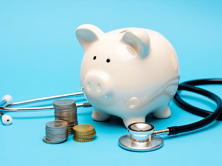 piggy bank, coins, stethoscope