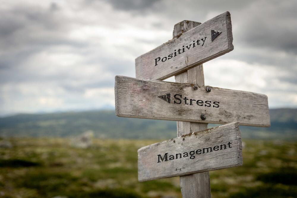 wooden road sign with the words positivity, stress, and management pointing in different directions