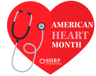 Red heart with words american heart month SHBP and stethoscope