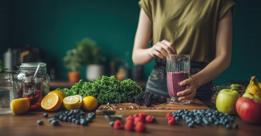 woman making smoothing on kitchen counter with fruits and vegetables displayed on countertop