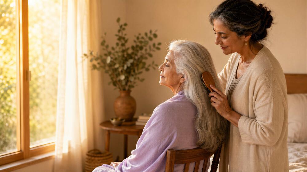 Adult woman brushing elderly mother's hair