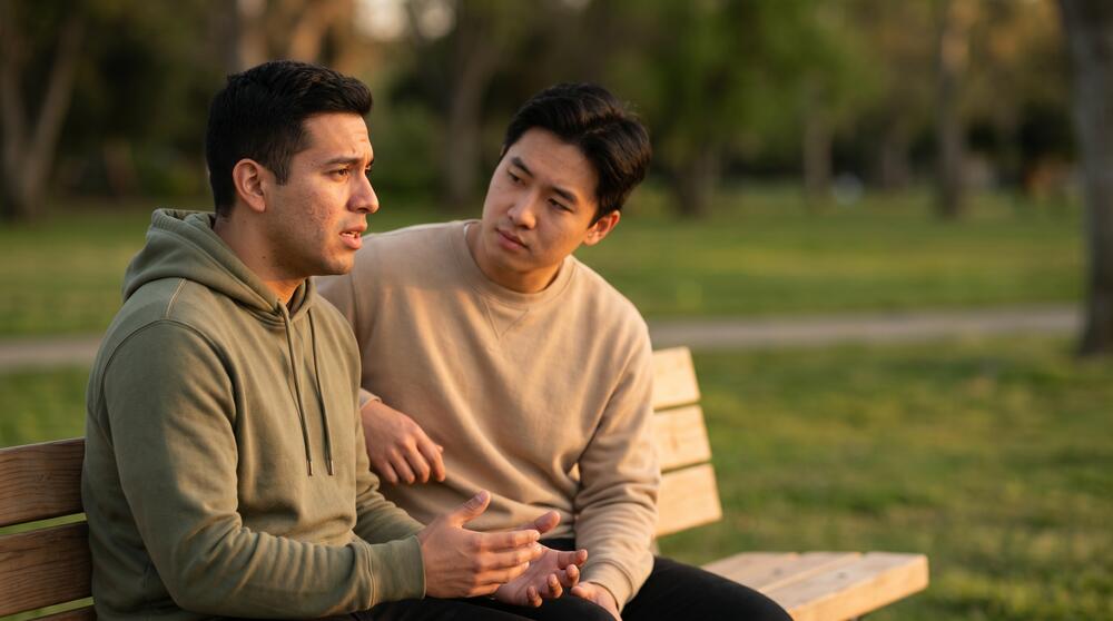 Two men having a serious conversation