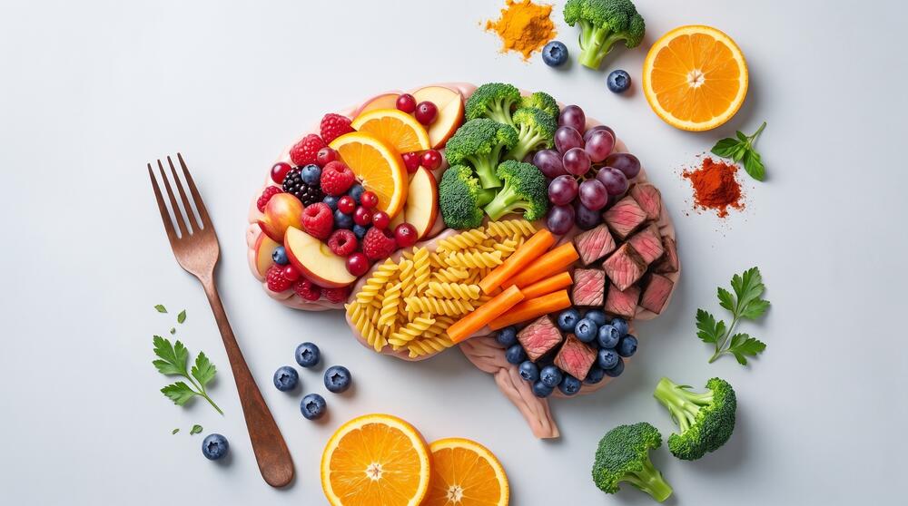 fruit, vegetables, protein, and pasta arranged in the shape of a brain