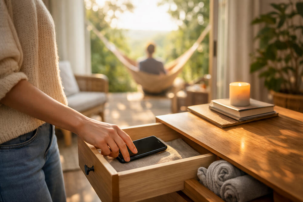 Person placing phone in drawer before going outside