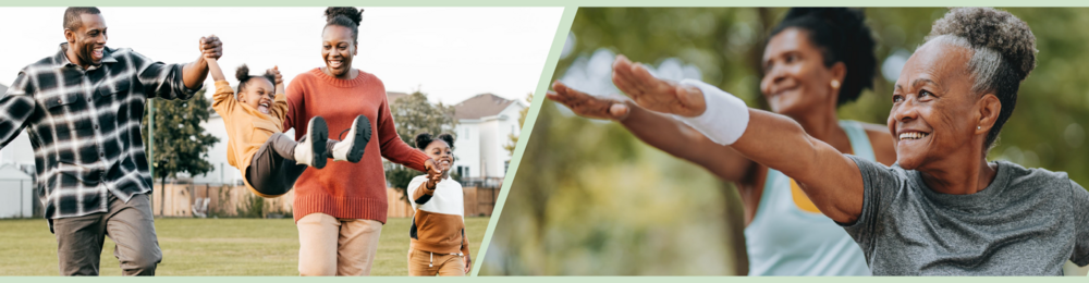 Young family playing in park & elderly women exercising in park