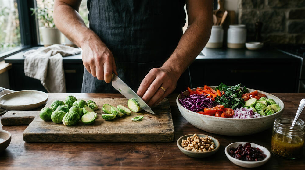 man chopping fruits and vegetables on cutting board