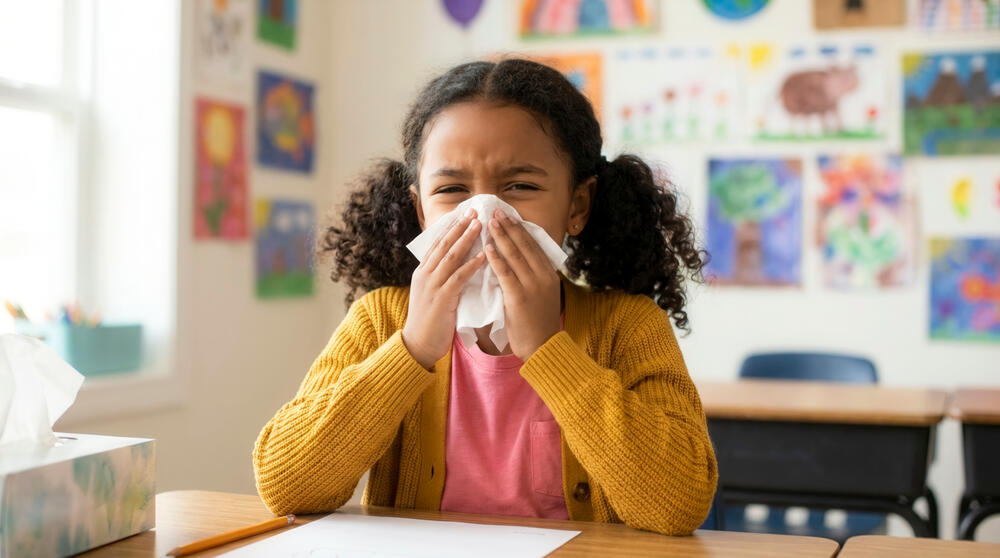child blowing nose in classroom