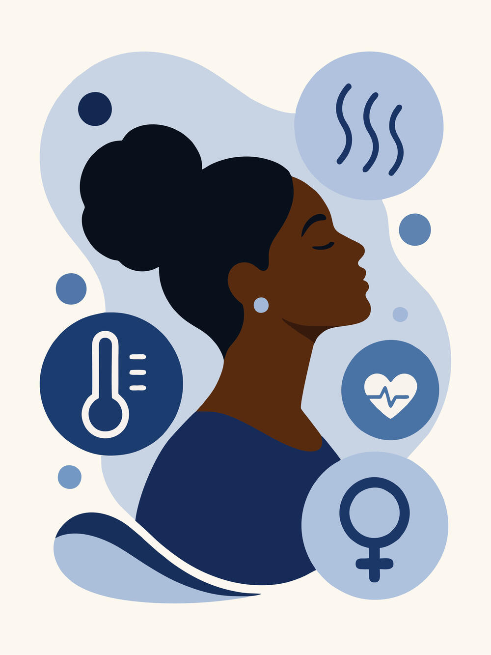 catroon illustration of woman with illustrations of thermometer, heart with isoelectric line, and female symbol surrounding her