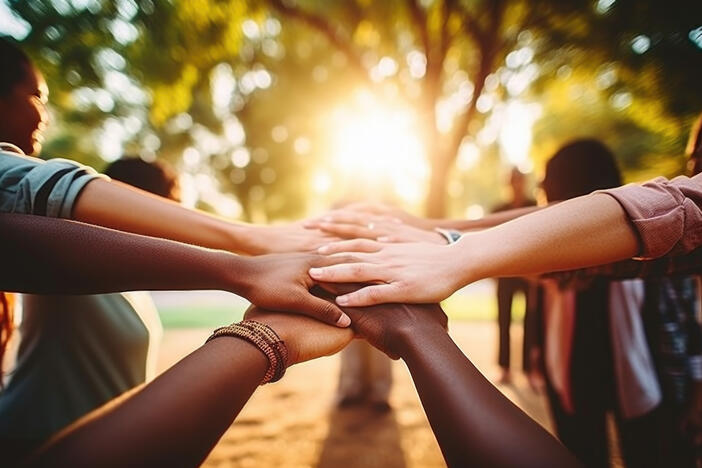 People joining hands together in a circle supporting each other